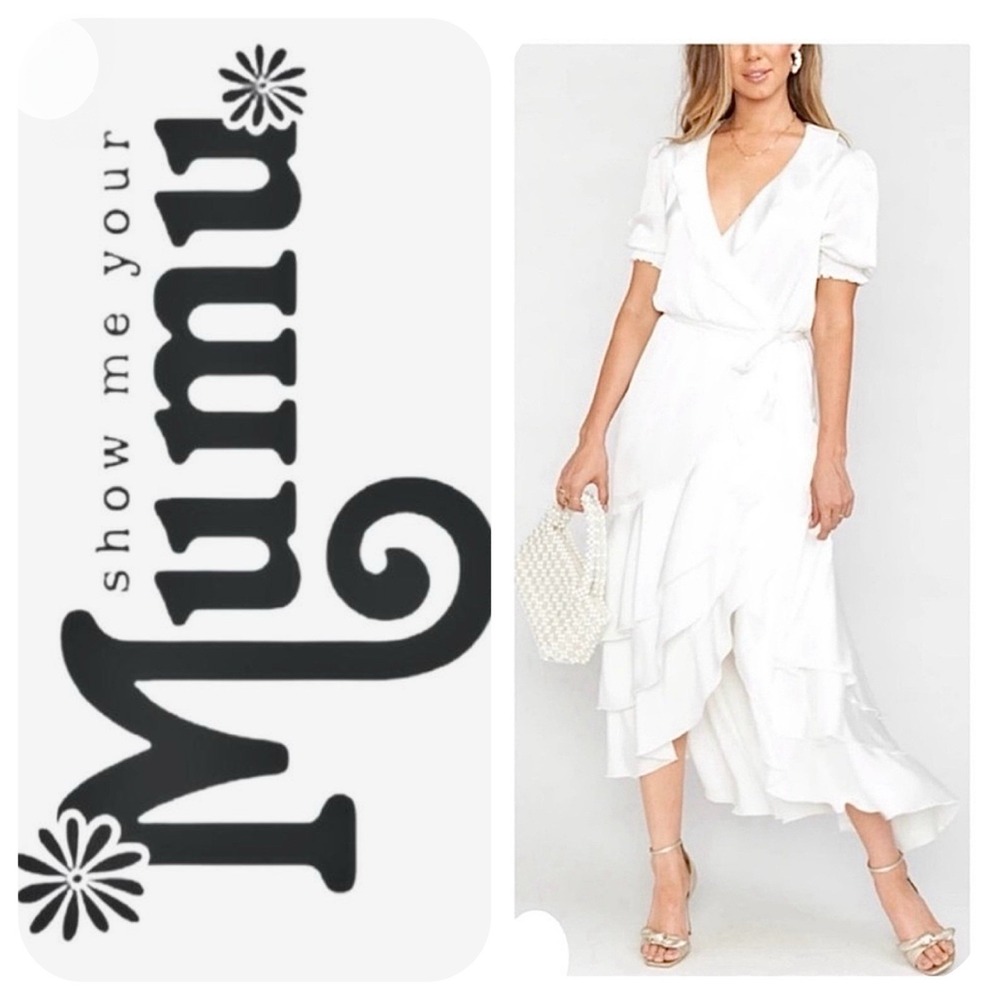 Show Me Your Mumu Evermore‎ Dress SZ S Ruffle Wrap Dress Ivory Luxe Satin Dreamy